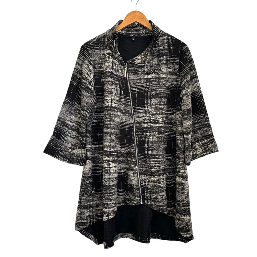 Comfy USA Womens Asymmetrical Jacket Full Zip Sz Small Gray Black Plaid USA
